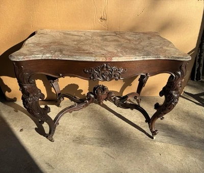 CARVED INDIAN HEAD ROSEWOOD MARBLE TABLE, ATTR. J. J. W. MEEKS - Image 1 of 4