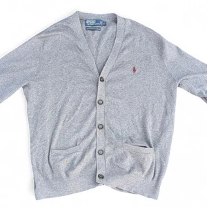 Polo Ralph Lauren Mens Cardigan Grey V Neck 100% Pima Cotton Button Up Pullover - Picture 1 of 13