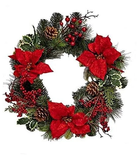 18" Spruce Poinsettia Berry Wreath Christmas-Wreaths (7734)
