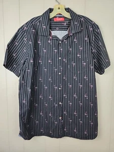 Bruno Milano Mens XL Button Up Short Sleeve Shirt Black Striped Pink Flamingos - Picture 1 of 7
