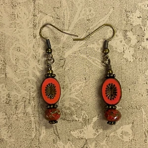 Bronze Tone Czech Glass Starburst Dangle Earrings. Red. Picasso. Artisan. S219 - Picture 1 of 2