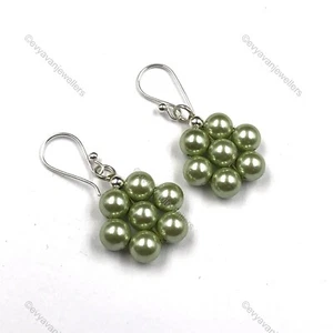 Pearl Green Shell Gemstone 925 Silver Drop/Dangle Beaded Earrings For Girls - Picture 1 of 4