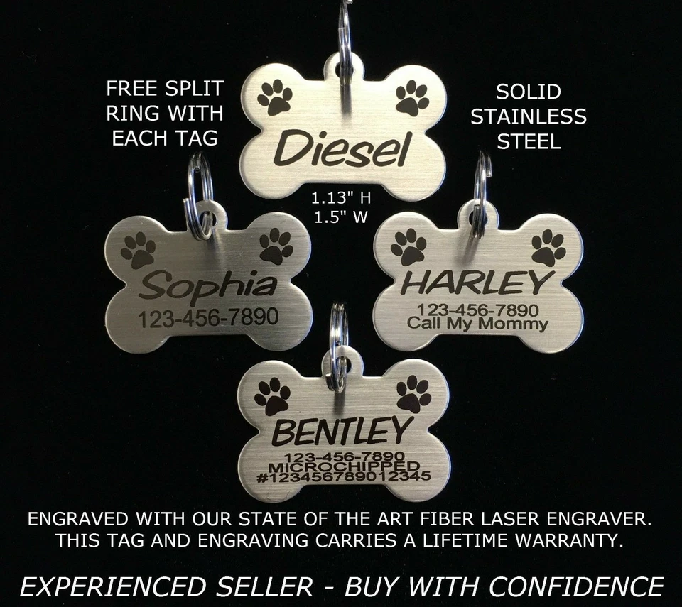 Custom Engraved STAINLESS STEEL BONE Pet Tag PAW PRINT Dog Cat ID IDENTIFICATION - Image 1 of 1