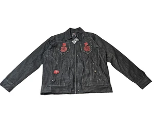 NWT CEZER Denim Jacket Men’s Black Embroidered Patches 100% Cotton Size 2X - Picture 1 of 12