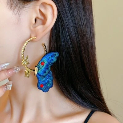 GOLD PLATED EMBROIDERED BUTTERFLY WINGS TEARDROP EARRINGS - Image 1 of 4
