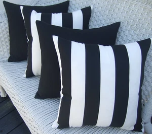 SET OF 4 - Outdoor Black/White Stripe and Solid Black Pillows - 17" x 17" - Picture 1 of 4