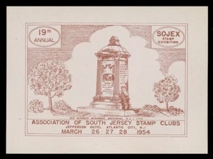 1954 SOJEX BRIEFMARKENAUSSTELLUNG ETIKETT - TEEBRENNER MONUMENT, GREENWICH, N.J. - Bild 1 von 1
