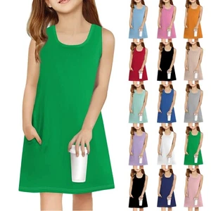Girl Summer Dress Sleeveless Printed Color Casual Dress With Pocket - Picture 1 of 54