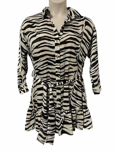 Zara Animal Print Minikleid Bindeband Taille schwarz beige Streifen Satin Knopfleiste groß - Bild 1 von 9