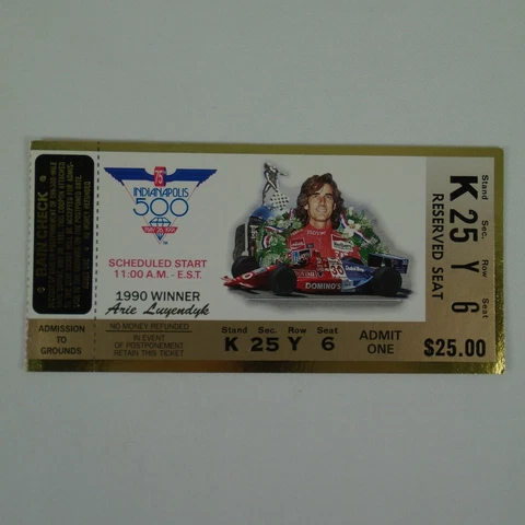1991 Indy 500 Used Race Ticket Stub Reserved Seat Stand K Sec. 25 Row Y Seat 6 Cover