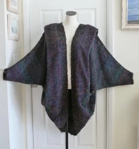 OOAK Art to Wear Black Multi Hand Woven Batwing Open Cocoon Duster Coat OS Vtg? - Picture 1 of 24