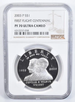 2003-P First Flight Commemorative Silver Dollar PF70 UC NGC *0071 - Image 1 of 4