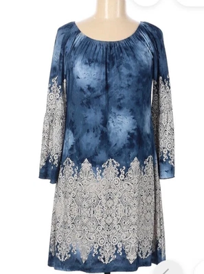 Русалка бухта Shift платье женщин M крестьянский стиль Bell рукава синий галстук краситель и кружева - Изображение 1 из 4