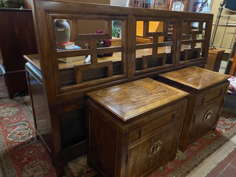 Vintage Burl Wood Chinoiserie Raymond Sobota Style Bed Room Furniture Set Cover