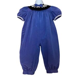 Vintage Blue Girls Good Lad Puff Sleeve Velvet Lace Bow Tie Collar Romper 12 Mo