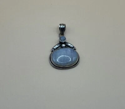 [169]Ancien Pendentif Argent 925 Pierre De Lune Polie Ovale Blanche Vintage 70’ - Photo 1/4