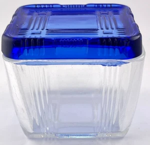 Vtg MCM Hazel Atlas Refrigerator Dish Jar Box Cobalt Blue Lid Criss Cross 4X4 in - Picture 1 of 5
