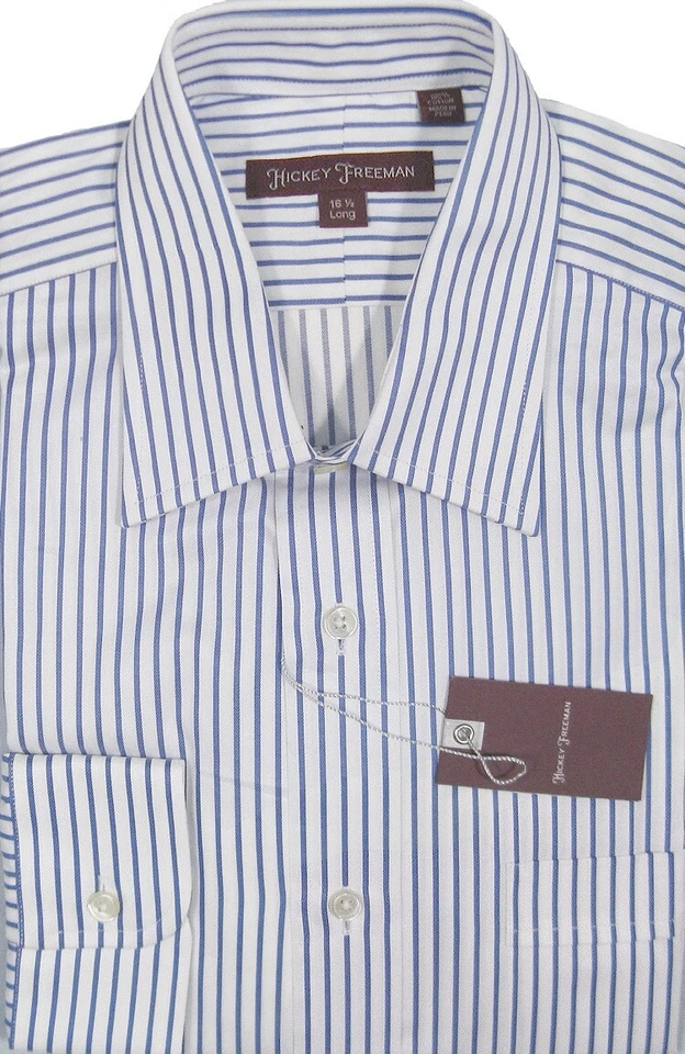 全新 $195 Hickey Freeman Crisp 衬衫!  17 35 * 白色带蓝色条纹* — 第 1/1 张图片