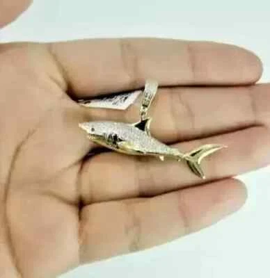 Lab Created Diamond 2Ct Round Men Shark Fish Fancy Pendant 14KYellow Gold Plated - Image 1 of 4