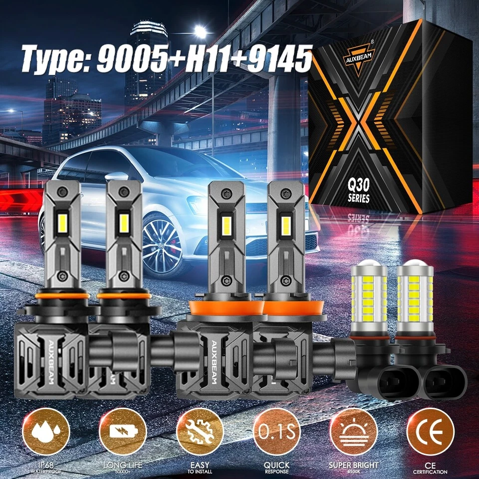 AUXBEAM 9005+H11+H10 9145 LED Headlight High+Low+Fog Bulb Combo Kit 6500K Bright - Image 1 of 4