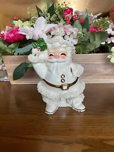 Vintage MCM NAPCO Spaghetti Trim Santa Planter 8" Figure White Gold Holly 1950's - Picture 1 of 10