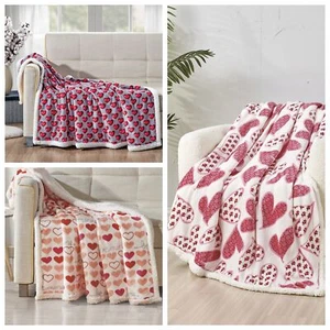 Heart Throw Blanket Sherpa Soft Plush Printed Valentine's Day Sofa Decor 50"x60" - Picture 1 of 17