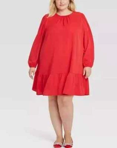 NWT ~ AVA & VIV Long Sleeve Swing Dress w/ Ruffle ~ Red ~ Sz 1X - Picture 1 of 7