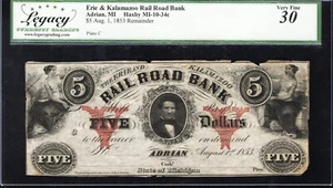 ⭐⭐ 1853 $5 ERIE & KALAMAZOO RAILROAD BANK ADRIAN, MI OBSOLETO LEGADO 30 03761 - Imagen 1 de 2