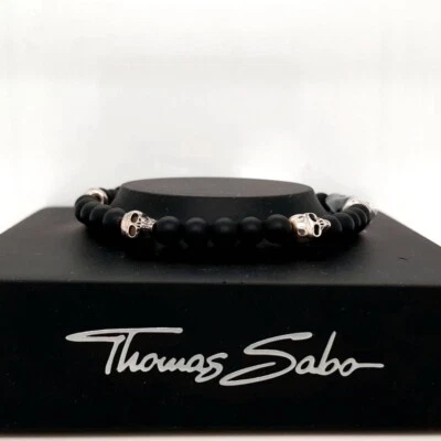 GENUINO THOMAS SABO Hombre Obsidiana Negra y Calaveras Plateadas Pulsera Elástica Foto 1 de 2