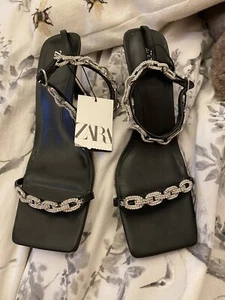 Zara New With The Tags Black And Silver Chain Strappy Heels Size 8 - Picture 1 of 8