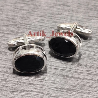 Naturale Onice Nera Gemma Con 14K Placcato Oro Bianco Argento Gemelli #610 - Immagine 1 di 4