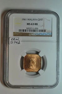 mw5142 Malaya & British Borneo; Bronze Cent 1961  NGC MS63 RB  KM#5 - Picture 1 of 3