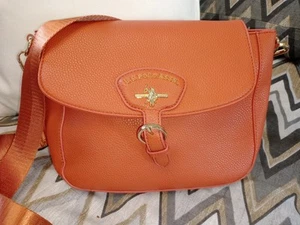 U.S polo assn Ladies Orange Pebbled Shoulder Bag Handbag Gold Logo Flap Closure - Picture 1 of 8