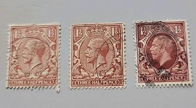 3 estampillas de tres medio peniques de Jorge V. 3 colores diferentes. Foto 1 de 3