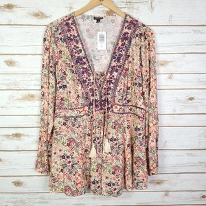 Torrid Babydoll Rayon Crepe Embroidered Lace-Up Top 2X Multicolor Boho Tunic - Picture 1 of 4