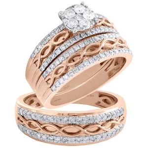 10K Rose Gold Diamond Flower Infinity Bridal Set + Wedding Bands Trio Set 1 CT. - Picture 1 of 7