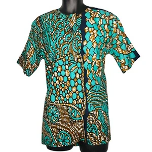 Light Turquoise African Print Men Nigerian Senator Style Shirt - Picture 1 of 6