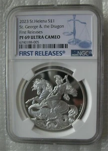 Moneda de plata St. George & the Dragon Wyon diseño libra 2023 del Reino Unido NGC PF69 - Imagen 1 de 4