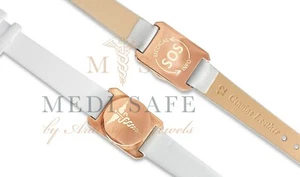 MEDI-SAFE SOS BRACELET. LADIES WHITE LEATHER/ROSE GOLD STAINLESS STEEL TALISMAN - Picture 1 of 5