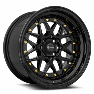 15x8 Vors VR7 4x100,4x114.3 +0 All Black Gold Rivet Wheels (Set of 4) - Picture 1 of 3