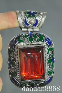 Art chinese tibet silver Cloisonne Inlay Zircon Gem auspicious Amulets Pendant - Picture 1 of 5