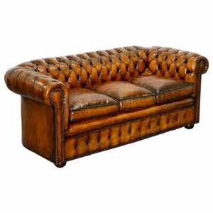 1930'S HAND DYED RESTORED WHISKY BROWN LEATHER CHESTERFIELD CLUB SOFA ENGLISH - Picture 1 of 12