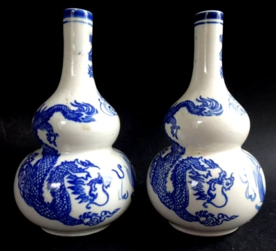 Paire de vases blanc bleu Vietnam Chinese porcelain phenix dragon hue mark - Photo 1/4
