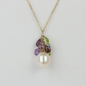 14k Yellow Gold, Pearl, Peridot, Blue Topaz Women's Pendant Necklace 16" - Picture 1 of 3