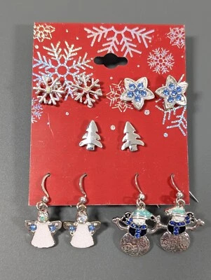 Set of 5 Pair Winter Earrings Snowman Angel Snowflake Star Silver Tone NEW - Image 1 of 4