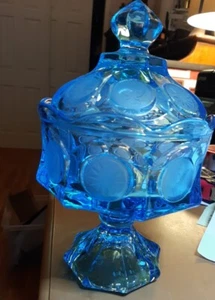 Vintage FOSTORIA Light Ice Blue Coin Covered Lidded Pedestal Compote 8x5" - Picture 1 of 7