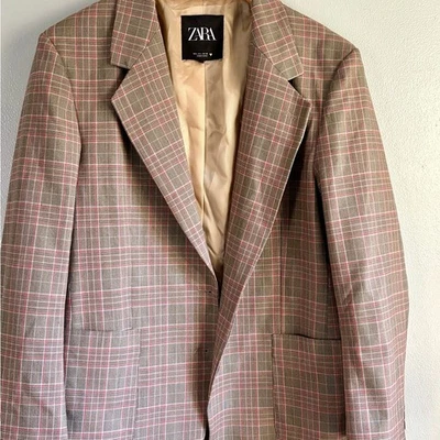 Blazer a cuadros para mujer Zara - gris y rosa Foto 1 de 3