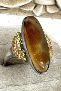 L. S. PETERSON CO. 925 Sterling Silver 12k Gold Leaves Agate Ring 1940s Sz 6.25 - Picture 1 of 6