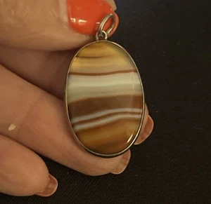 Vintage Sterling Silber oval gebänderter Achat Anhänger signiert OTIS - Bild 1 von 6