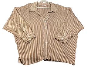 ZARA Button Up Shirt Womens Small White Brown Striped Long Sleeve Oversized Chic - Picture 1 of 12